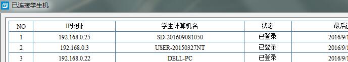 學(xué)生機(jī)登錄后，教師端可查看每一臺(tái)的登錄狀態(tài)和時(shí)間。
